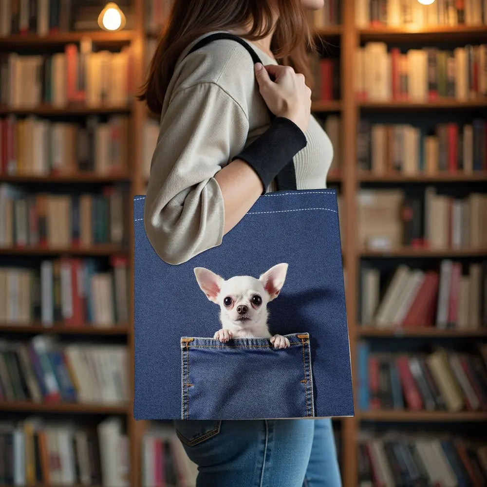Chihuahua Peeking Out of Pocket Pattern Handbag Cute Cat Tote Bags for Shopping, Working School Sport Traveling Shoulder Bag