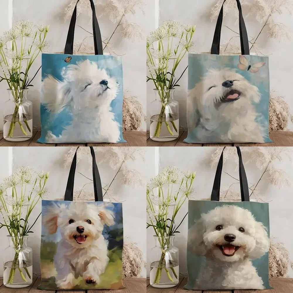 Maltese Dog Storage Bags Double-Sided Printed Canvas Tote Bag Eco-Friendly Reusable Large Capacity Handbag