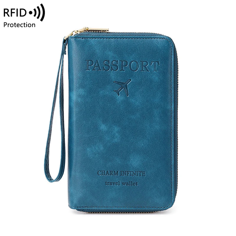 RFID Blocking Passport Holder Travel Wallet with Wrist Strap, Multi-Card Pockets & Zipper Closure