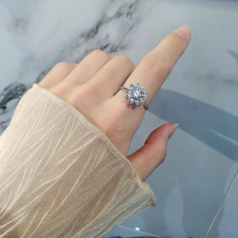 VENTFILLE 925 Sterling Silver Sunflower Diamond Zircon Rotatable Ring For Women Gift Relieve Stress Ring Jewelry Wholesale