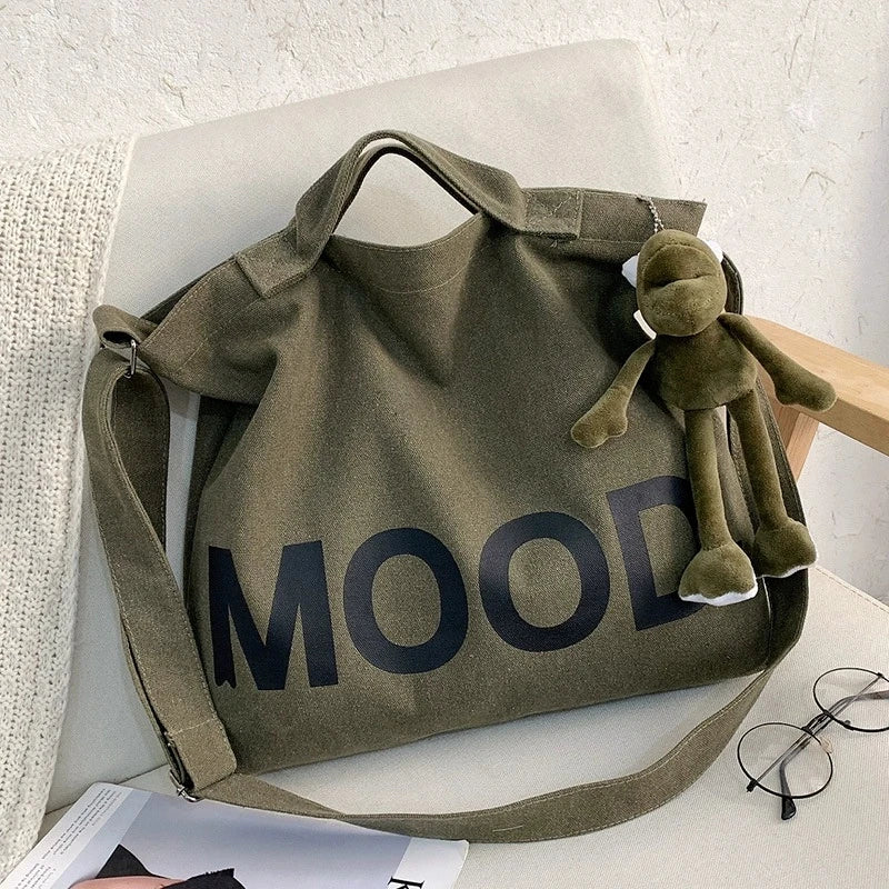 Letters solid color printing canvas large bag models tide  Unisex with the same canvas crossbody large capacity Tote bag