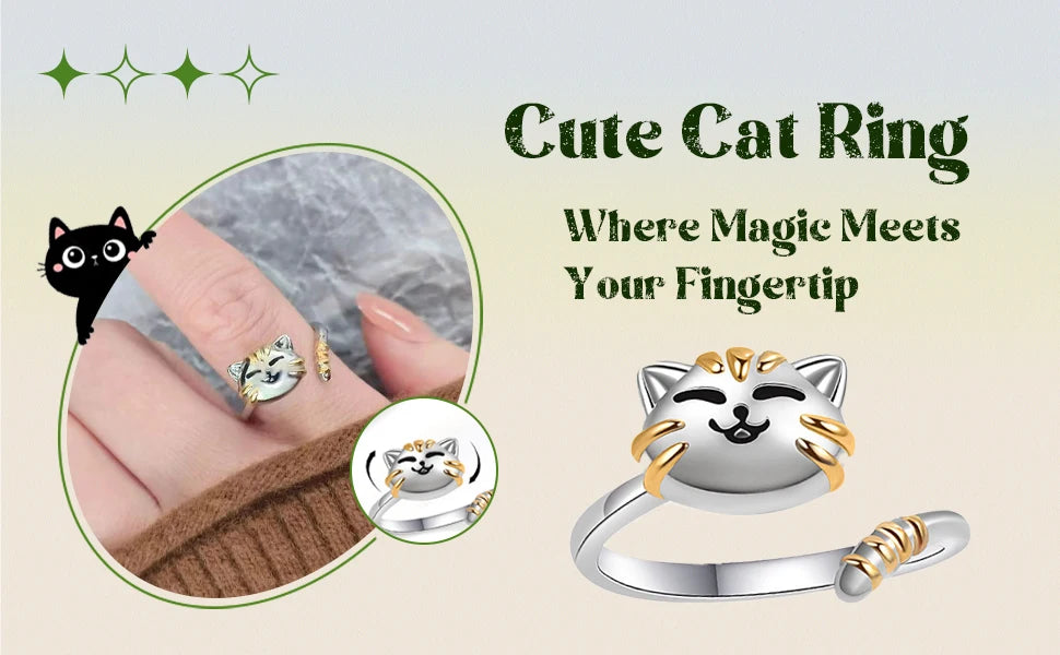 Cute Cartoon Cat Anxiety Relieve Spinner Rings Kitten Animal Anxiety Relieve Open Adjustable Fidget Ring Rotate Freely Jewelry