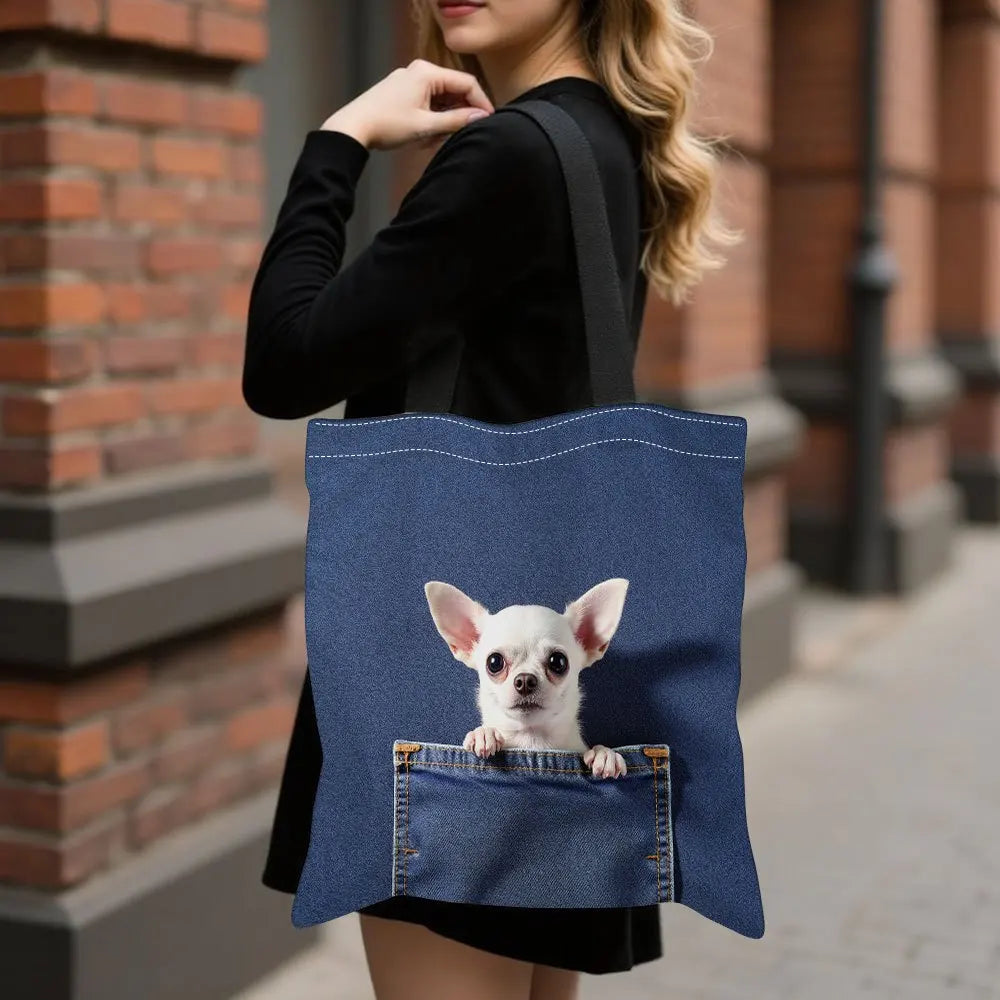Chihuahua Peeking Out of Pocket Pattern Handbag Cute Cat Tote Bags for Shopping, Working School Sport Traveling Shoulder Bag