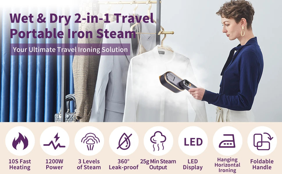 Portable Clothes Steam Iron 180° Rotatable Handle 3 Levels Handheld Garment Steamer 1200W Fast Heating 150ml Tank for Travel