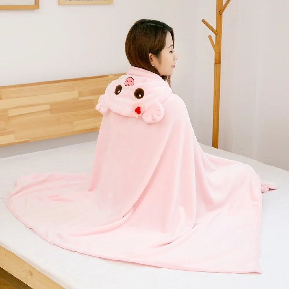 Warm Hooded Nap Blanket Cozy Cartoon Air Conditioning Blanket Folding Comfortable Thermal Blanket Ear Protection