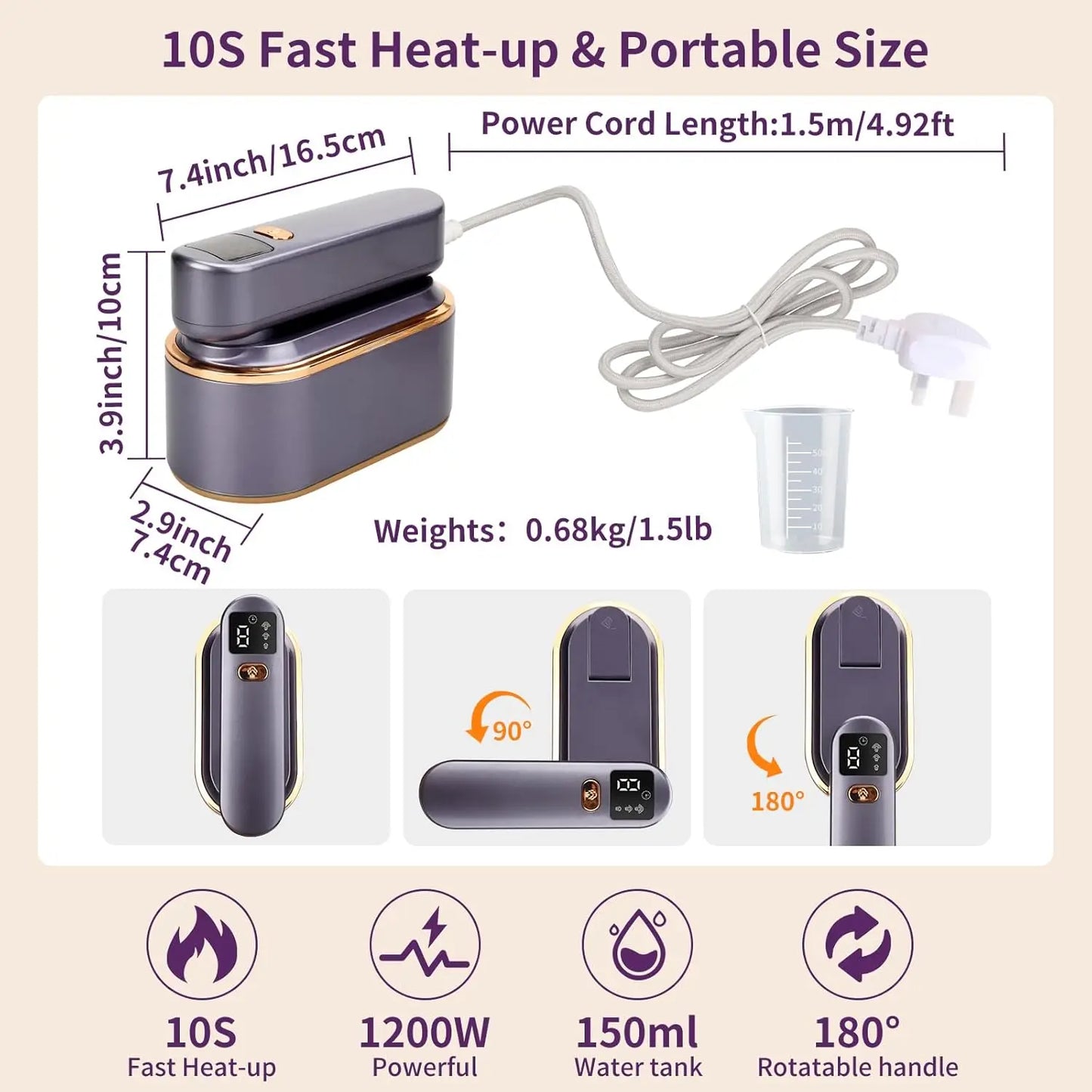 Portable Clothes Steam Iron 180° Rotatable Handle 3 Levels Handheld Garment Steamer 1200W Fast Heating 150ml Tank for Travel