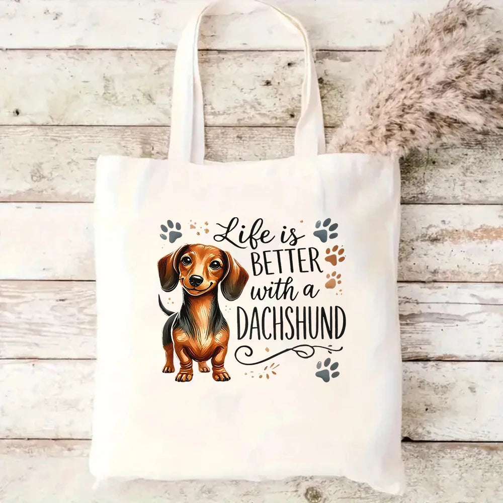 Funny Dachshund Dog Canvas Tote Bag Selfie Puppy Eco Friendly Reusable Shopping Shoulder Bags Large Handbag for Women