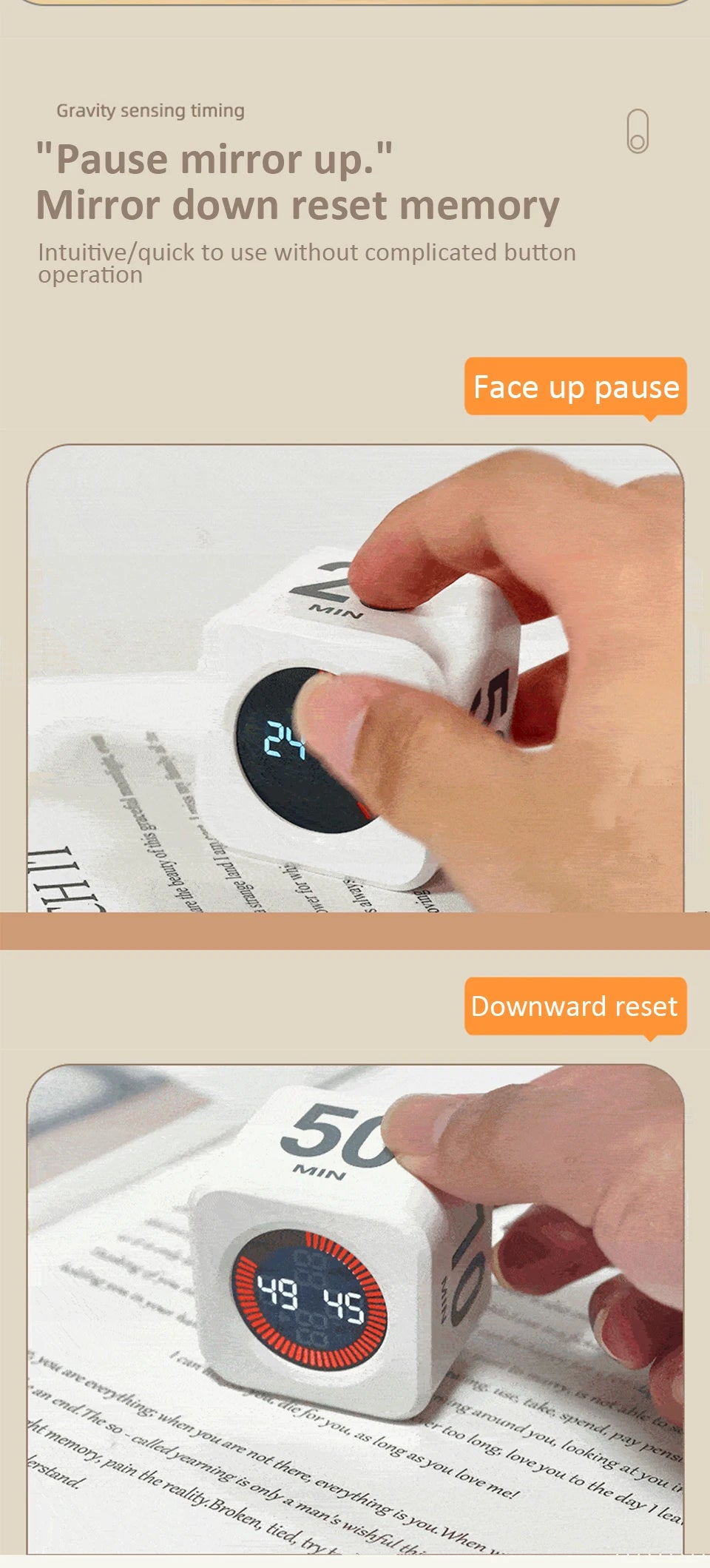 Digital Visual Timer Gravity Sensor Flipping LED Display 4 Preset Time Rechargeable Mini Cube Timer for Cooking Study Shower