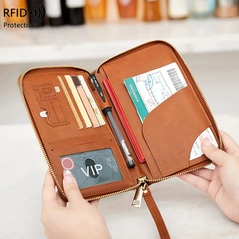 RFID Blocking Passport Holder Travel Wallet with Wrist Strap, Multi-Card Pockets & Zipper Closure