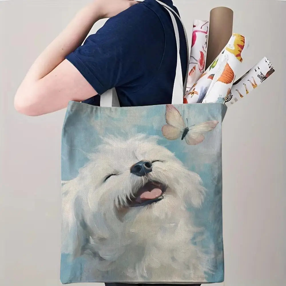 Maltese Dog Storage Bags Double-Sided Printed Canvas Tote Bag Eco-Friendly Reusable Large Capacity Handbag