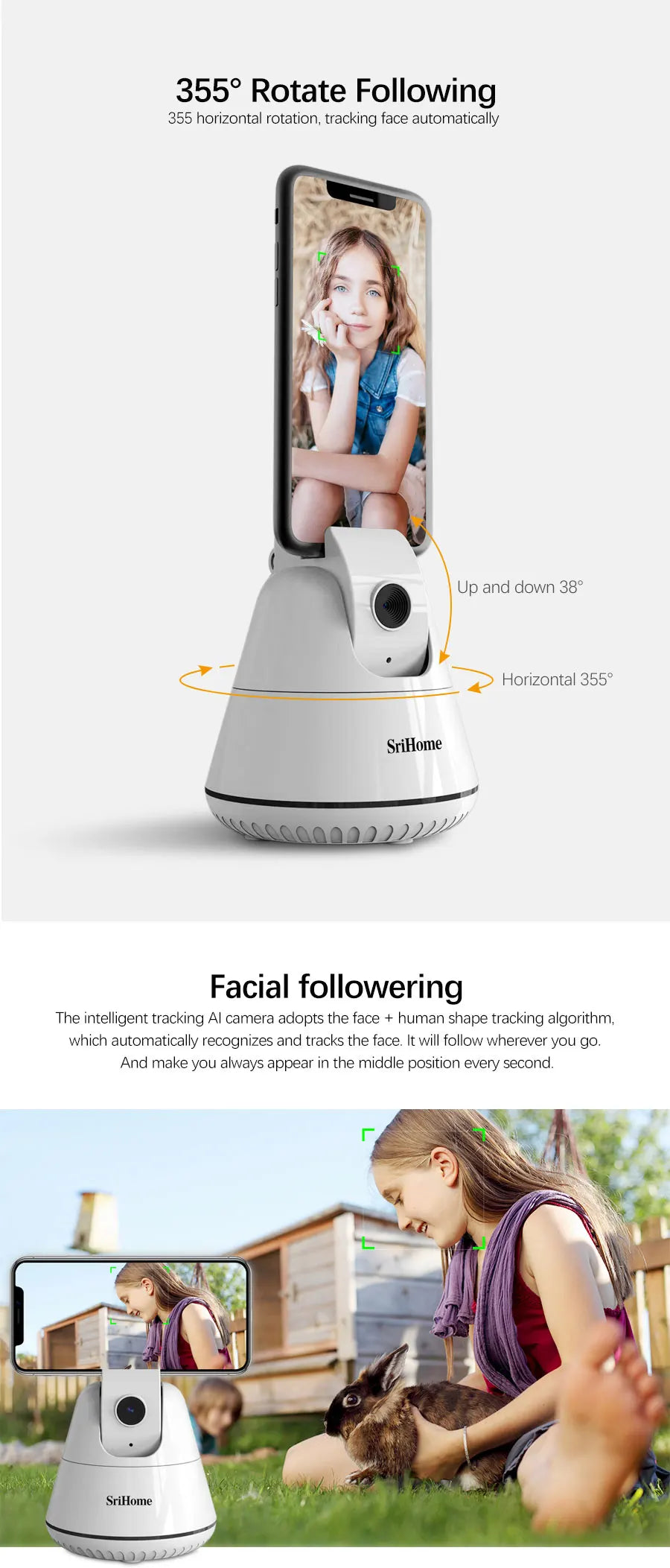 Auto Smart Shooting Selfie Stick  Srihome SH006 Tripod 360° Rotation Auto Face Tracking Object Tracking vlog Camera Phone Holder