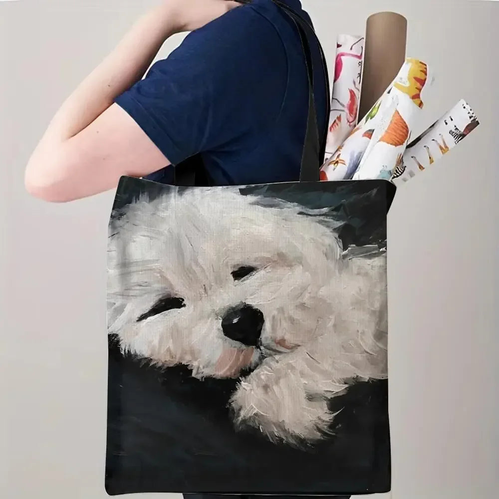 Maltese Dog Storage Bags Double-Sided Printed Canvas Tote Bag Eco-Friendly Reusable Large Capacity Handbag