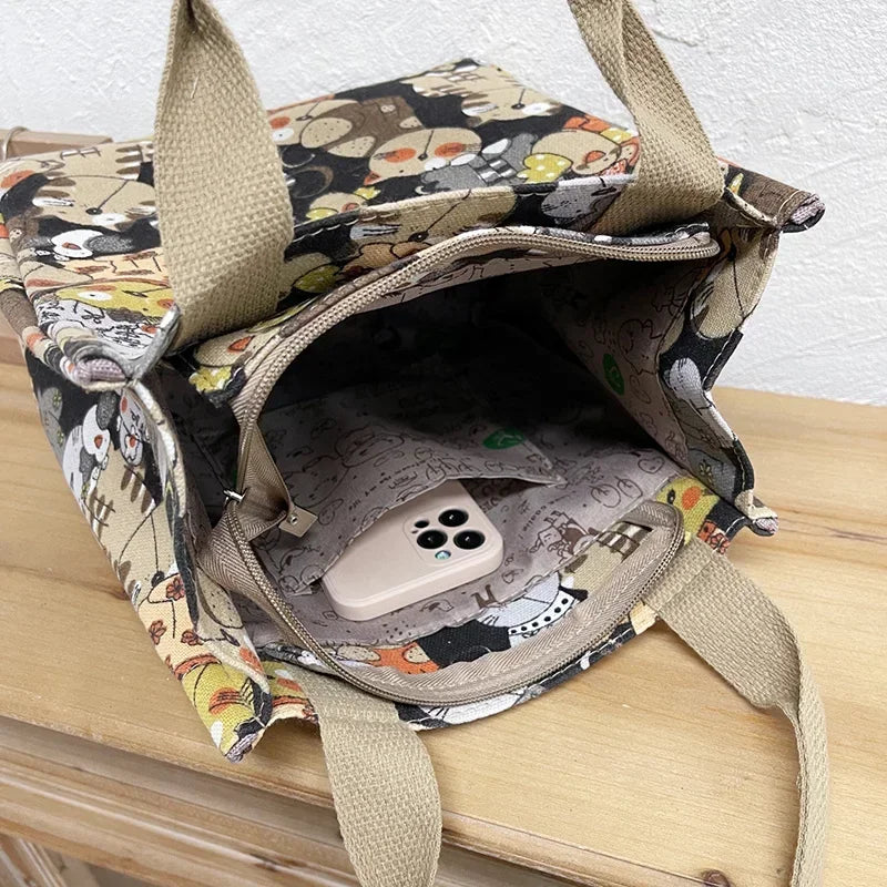 Fashion Fashionable Top-handle Bag with Cute Cat Pattern Portable Bag for Women Retro Art Hand Bag Shopping