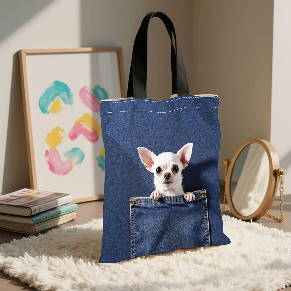 Chihuahua Peeking Out of Pocket Pattern Handbag Cute Cat Tote Bags for Shopping, Working School Sport Traveling Shoulder Bag