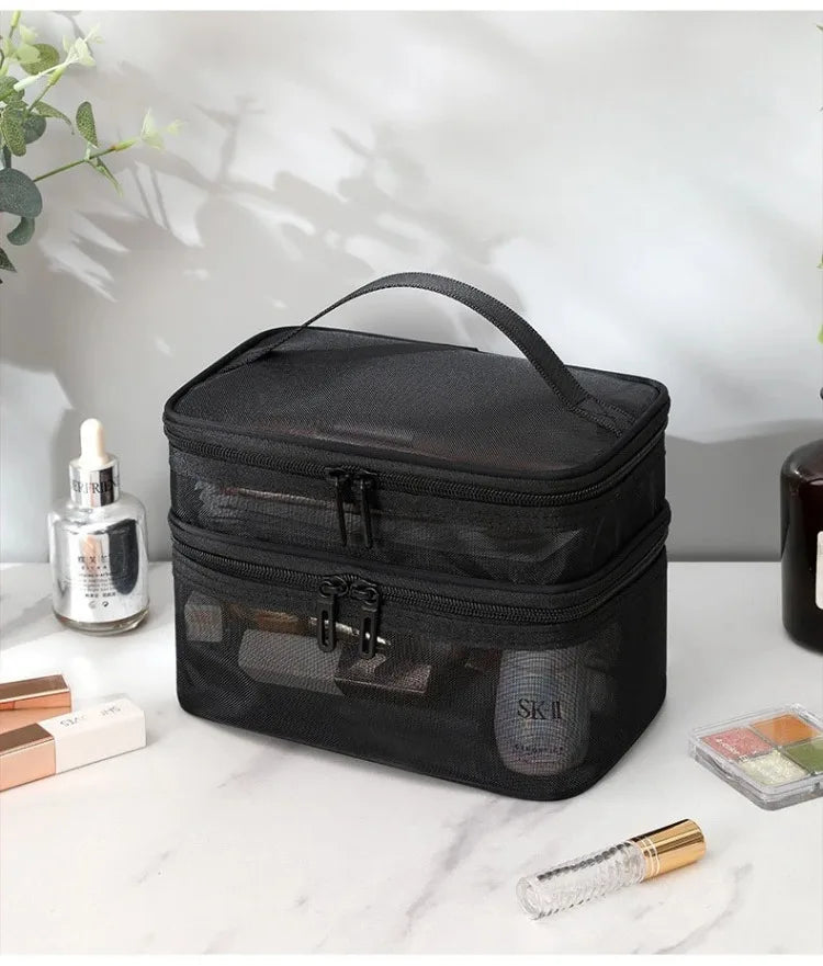 Bathroom Travel Mesh Makeup Storage Bag Cosmetics Make Up Skincare Organizer Box Plastic Container Handbag For Women Men
