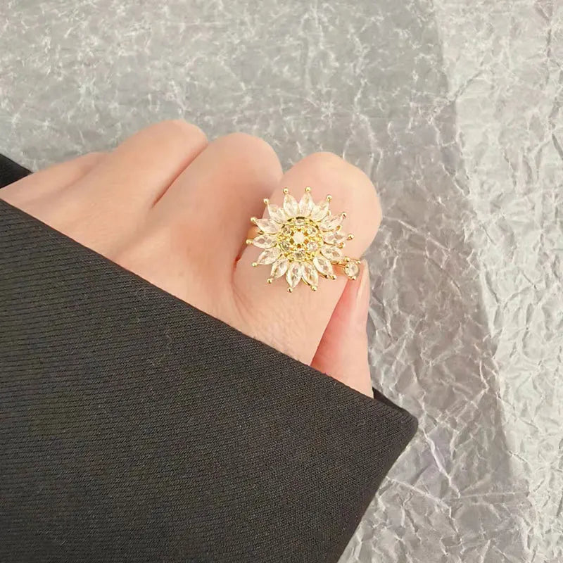 VENTFILLE 925 Sterling Silver Sunflower Diamond Zircon Rotatable Ring For Women Gift Relieve Stress Ring Jewelry Wholesale