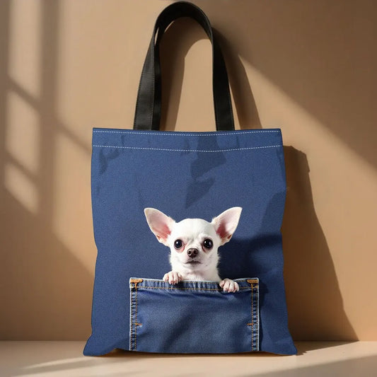 Chihuahua Peeking Out of Pocket Pattern Handbag Cute Cat Tote Bags for Shopping, Working School Sport Traveling Shoulder Bag