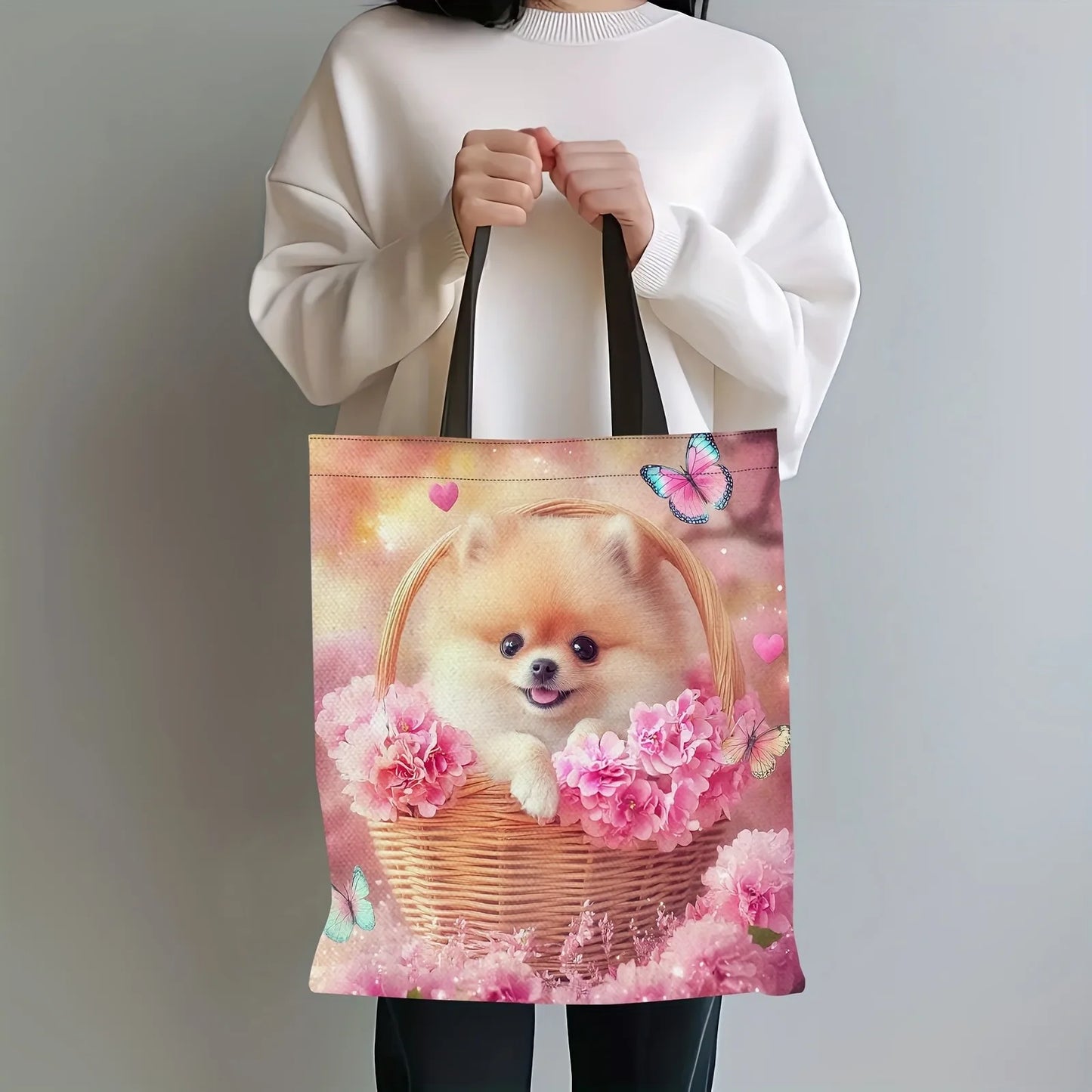 A Cheerful Pomeranian Dog Handbag Pink Flower Basket Print Tote Bag Large Capacity Practical Shopping Bag