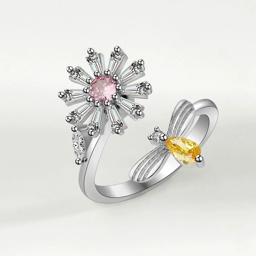 VENTFILLE 925 Sterling Silver Sunflower Diamond Zircon Rotatable Ring For Women Gift Relieve Stress Ring Jewelry Wholesale