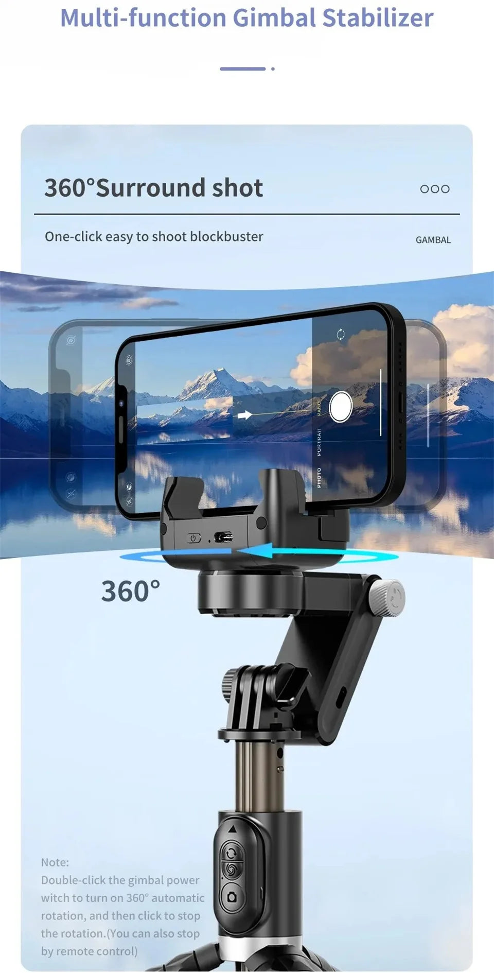 MEUYAG Selfie Stick Gimbal Stabilizer 360° rotation With Bluetooth Remote Intelligent AI Follow-Up Anti Shake Pan Tilt Tripod