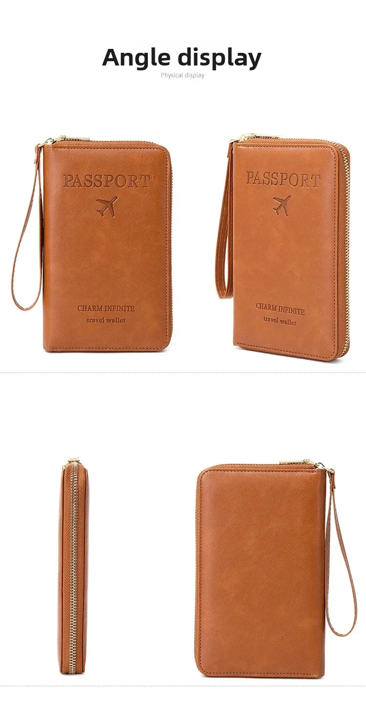 RFID Blocking Passport Holder Travel Wallet with Wrist Strap, Multi-Card Pockets & Zipper Closure