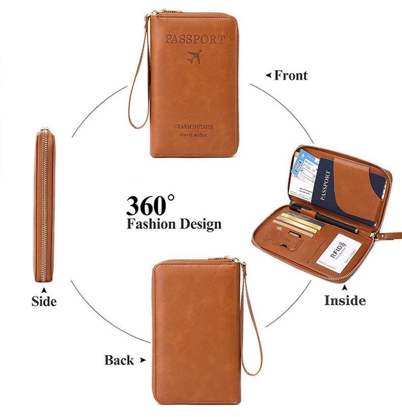 RFID Blocking Passport Holder Travel Wallet with Wrist Strap, Multi-Card Pockets & Zipper Closure