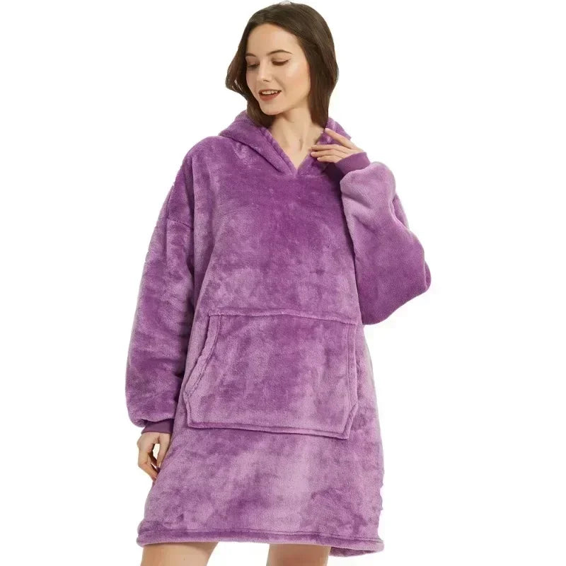 Winter Blanket Hoodie Oversized Warm Wearable Blankets 850grams Microfiber Plush Pullover Robe Fleece Blanket Sweatshirt Women