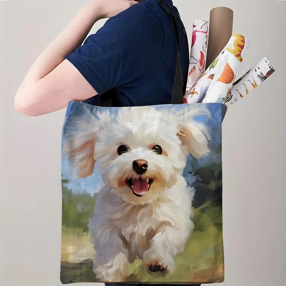 Maltese Dog Storage Bags Double-Sided Printed Canvas Tote Bag Eco-Friendly Reusable Large Capacity Handbag