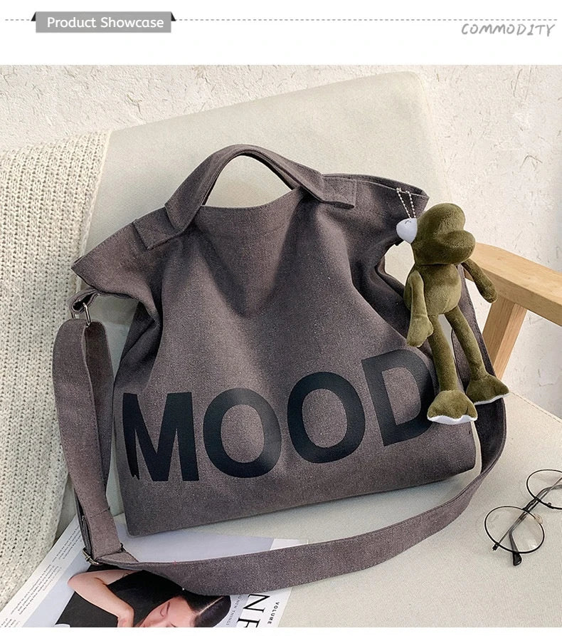 Letters solid color printing canvas large bag models tide  Unisex with the same canvas crossbody large capacity Tote bag