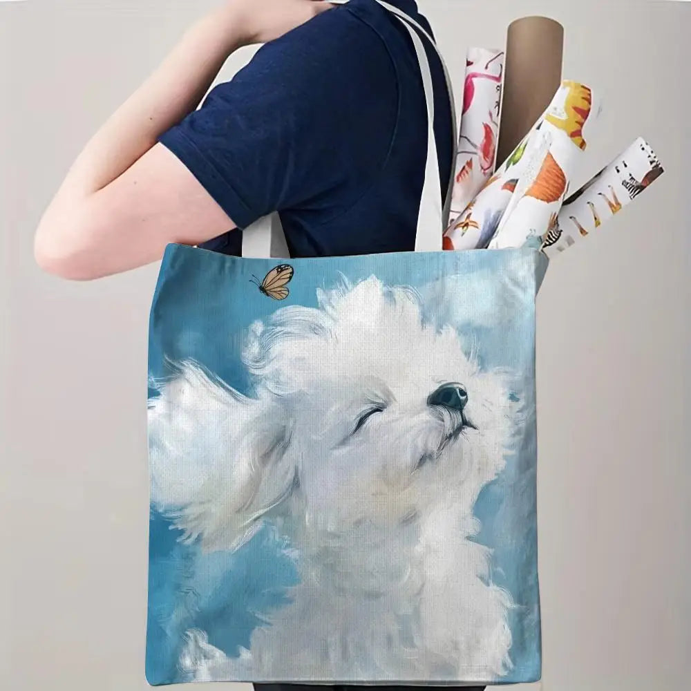 Maltese Dog Storage Bags Double-Sided Printed Canvas Tote Bag Eco-Friendly Reusable Large Capacity Handbag