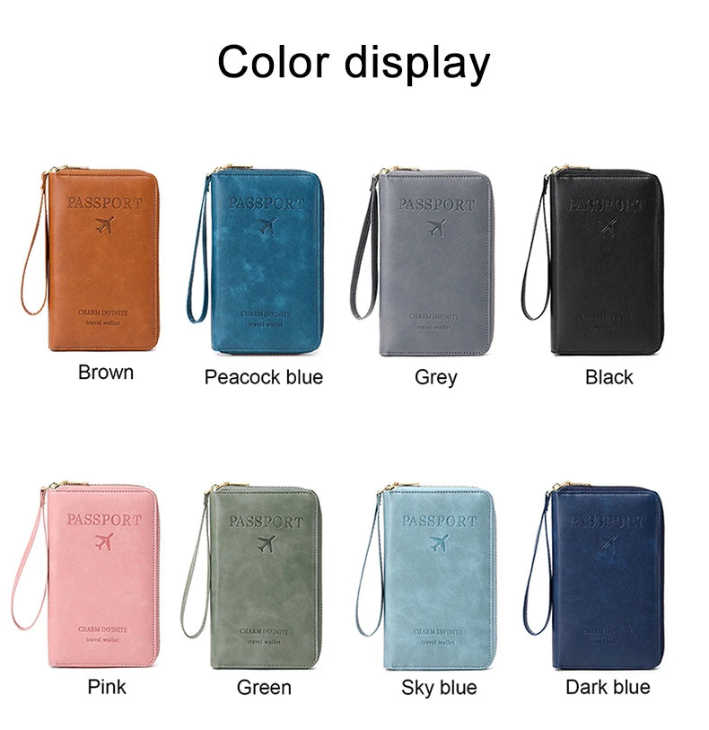 RFID Blocking Passport Holder Travel Wallet with Wrist Strap, Multi-Card Pockets & Zipper Closure