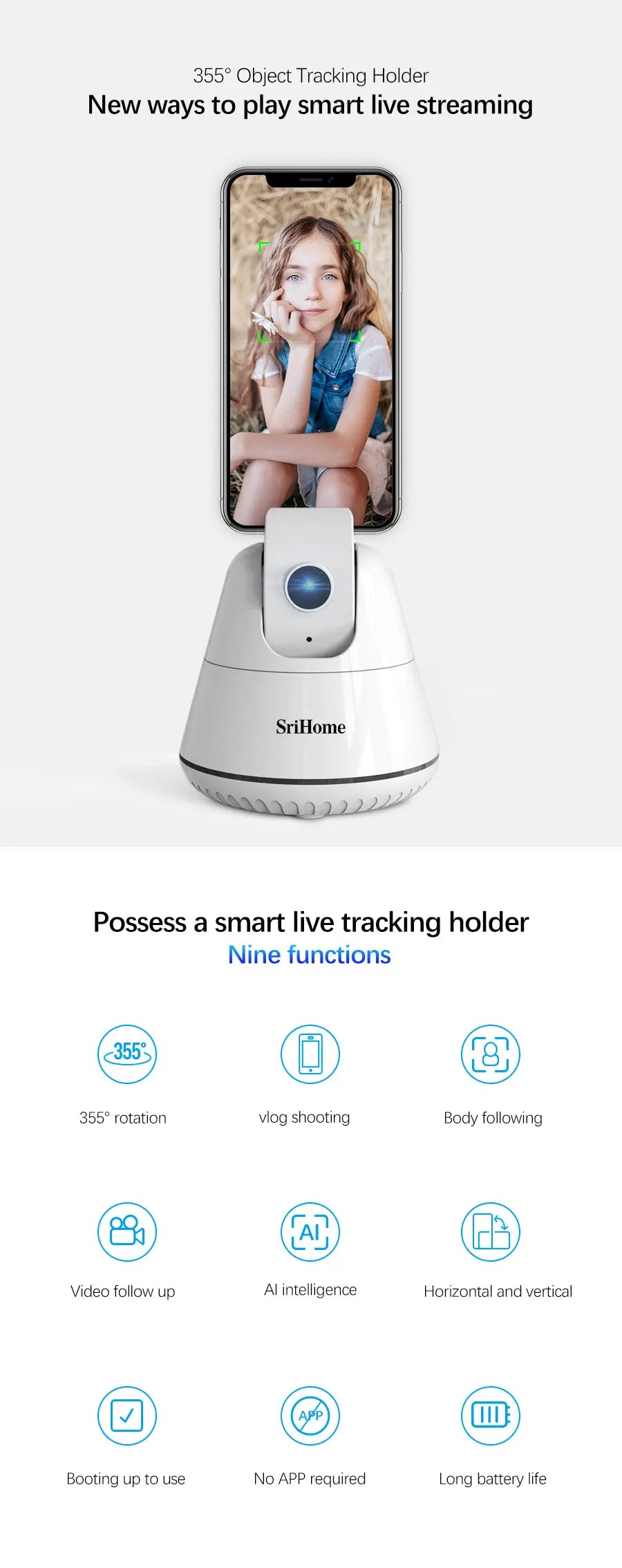 Auto Smart Shooting Selfie Stick  Srihome SH006 Tripod 360° Rotation Auto Face Tracking Object Tracking vlog Camera Phone Holder