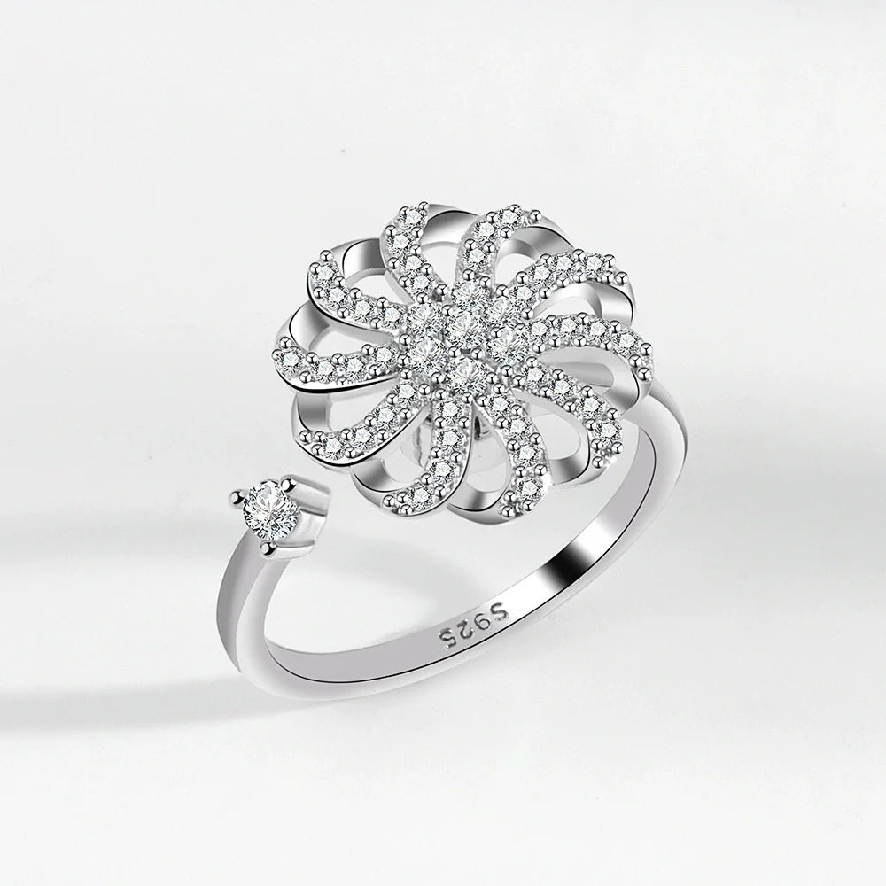 VENTFILLE 925 Sterling Silver Sunflower Diamond Zircon Rotatable Ring For Women Gift Relieve Stress Ring Jewelry Wholesale